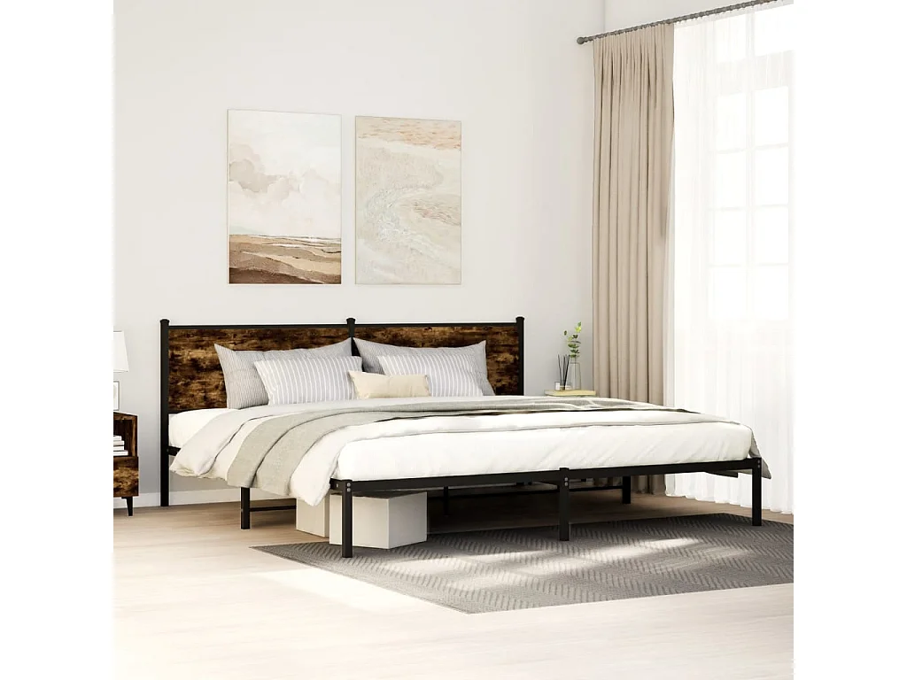 Lit adulte en métal avec tête de lit chêne fumé 193x203 cm FR599788