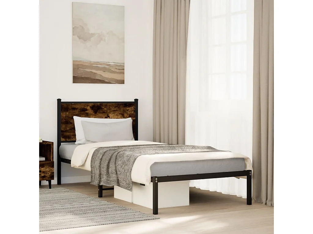 Lit adulte en métal avec tête de lit chêne fumé 80x200 cm FR686362