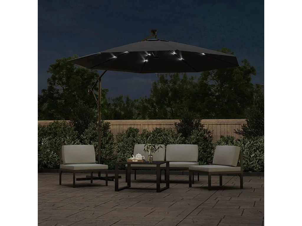 Parasol déporté à LED et mât en acier 300 cm Noir FR27846