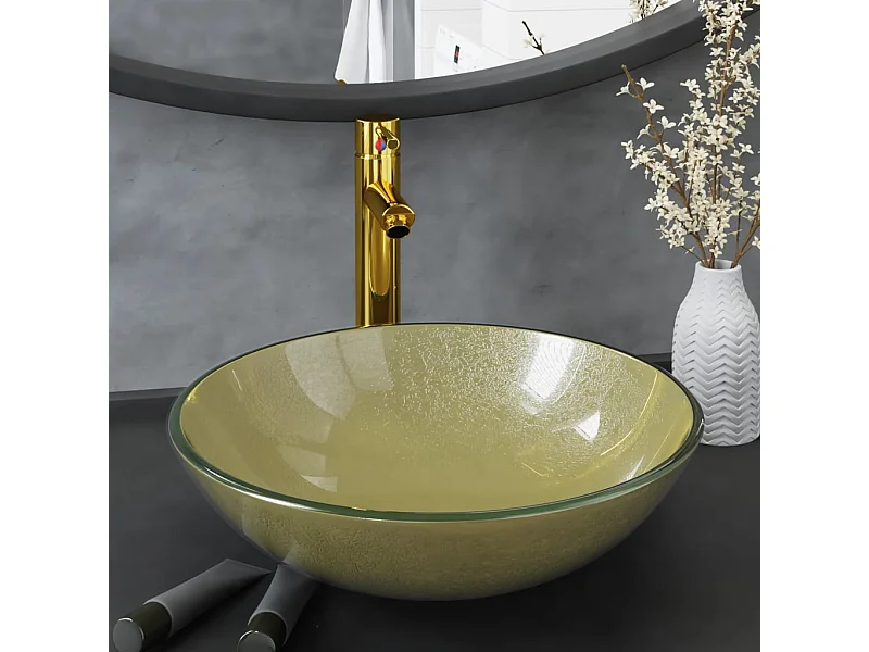 Lavabo grifo tapón pulsador cristal templado esmerilado dorado ES994937