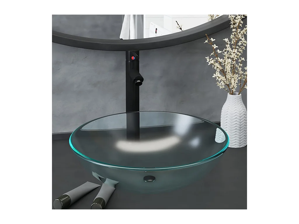 Vasque de bain avec robinet et drain à poussoir Verre trempé FR374447