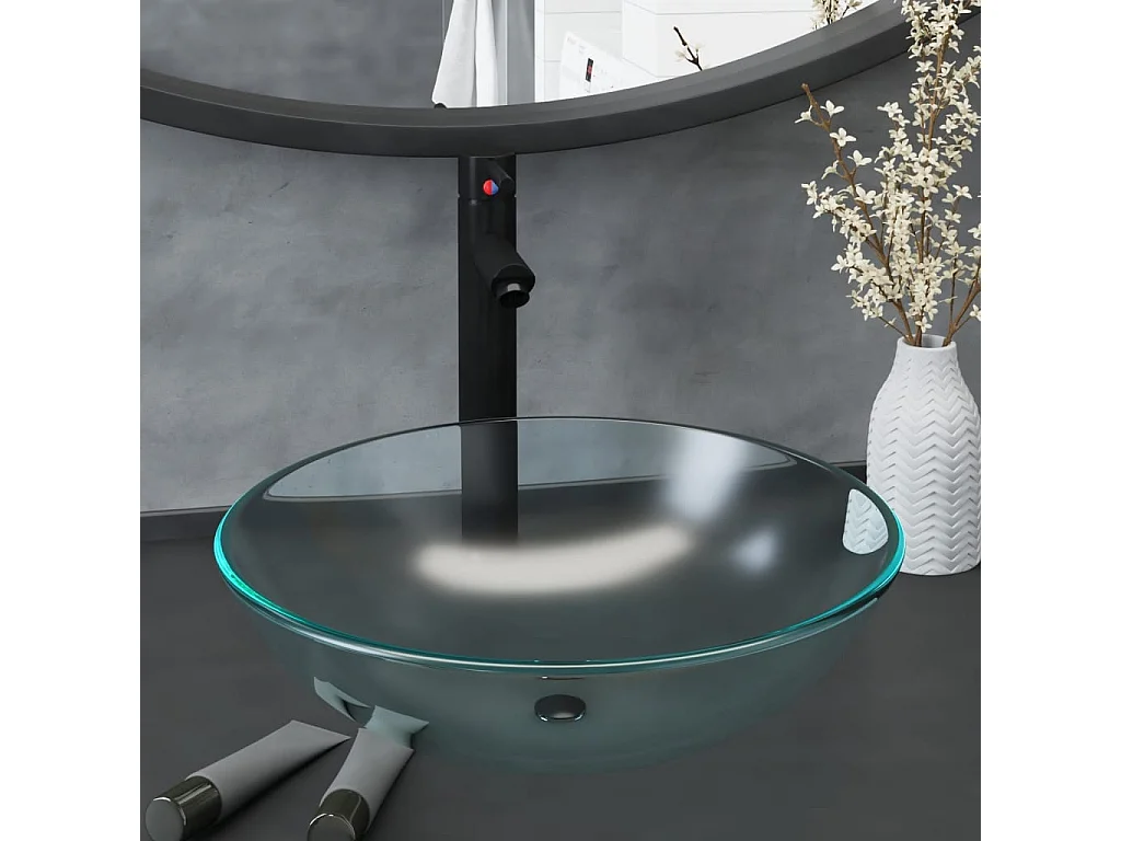 Vasque de bain avec robinet et drain à poussoir Verre trempé FR374447