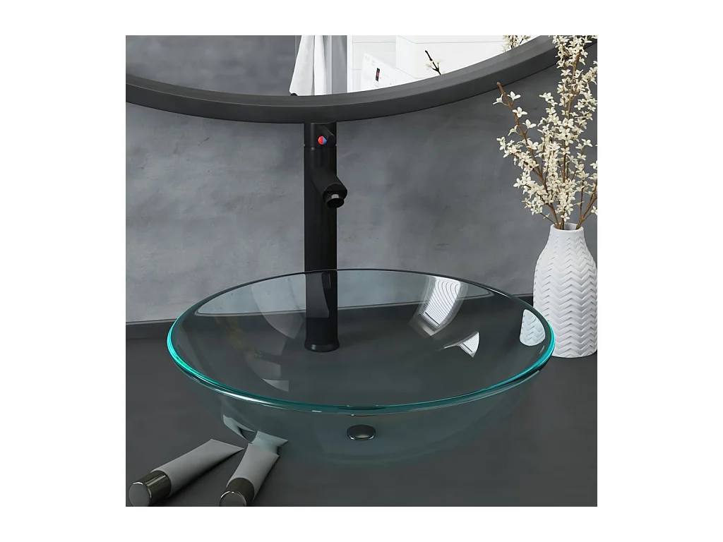 Vasque de bain avec robinet et drain à poussoir Verre trempé FR697630