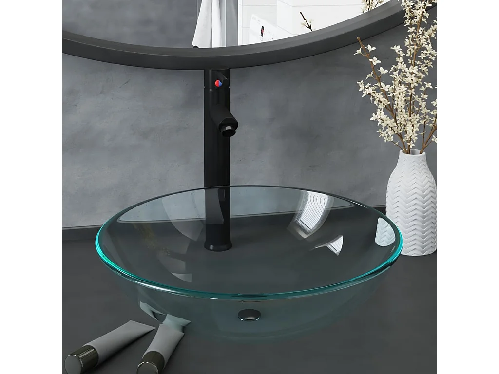 Vasque de bain avec robinet et drain à poussoir Verre trempé FR697630