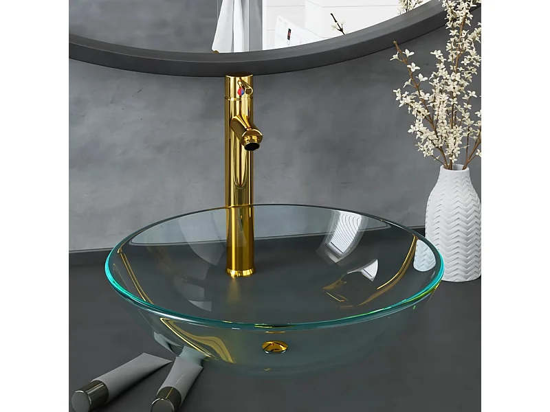 Wastafel met kraan en pop-up afvoer gehard glas transparant BE888930