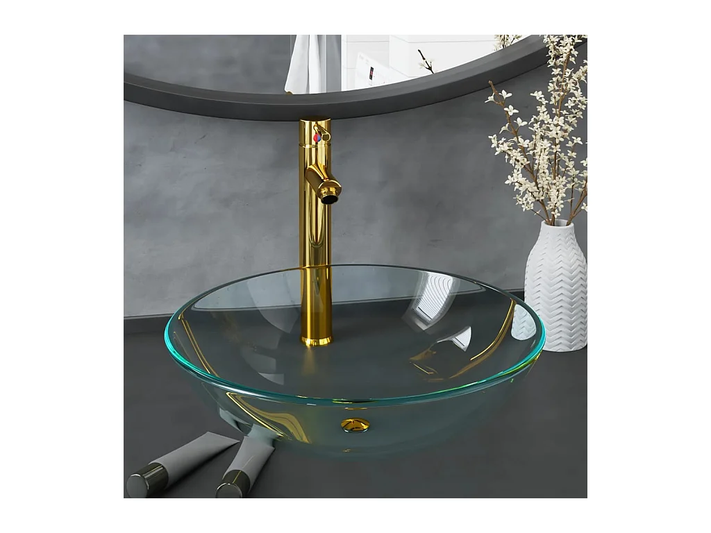 Vasque de bain avec robinet et drain à poussoir Verre trempé FR874894