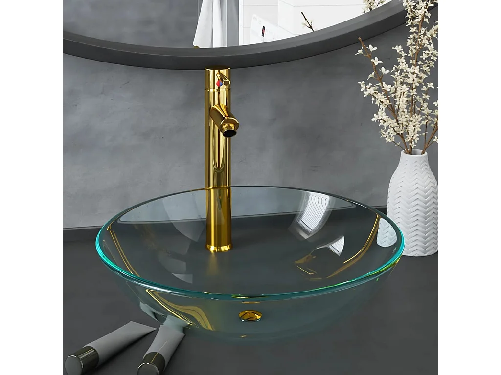 Vasque de bain avec robinet et drain à poussoir Verre trempé FR874894