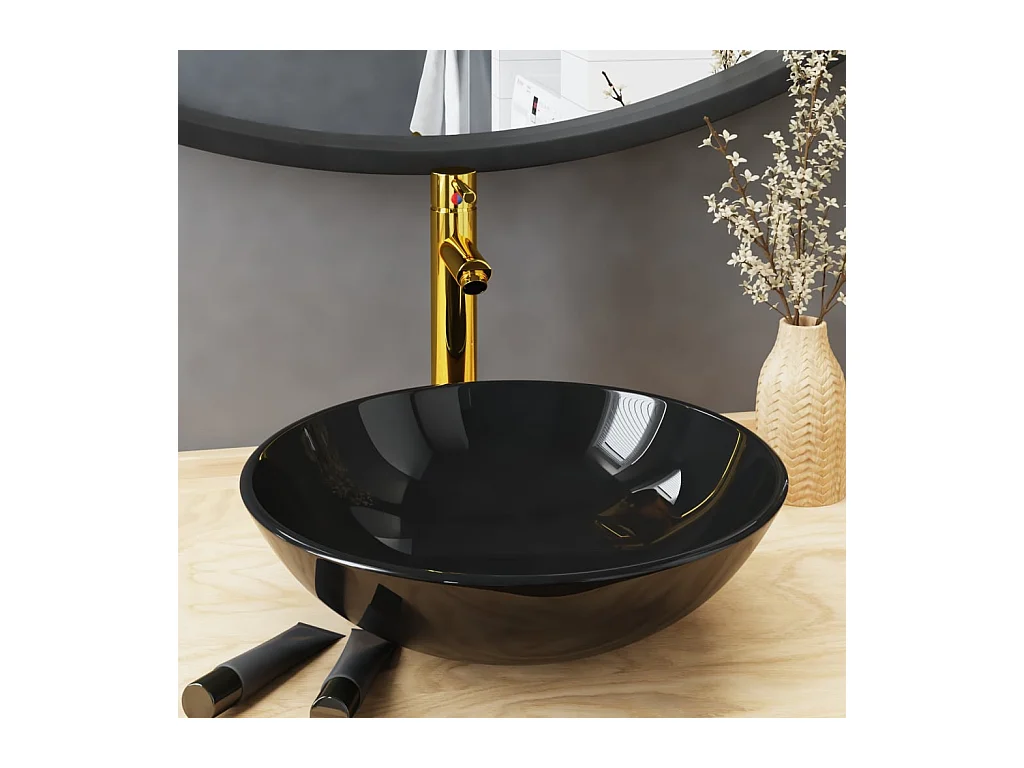 Vasque de bain avec robinet et drain à poussoir Verre trempé FR653438