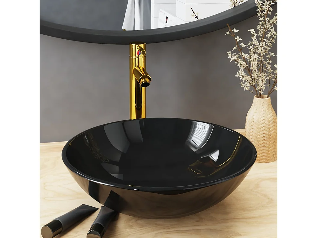 Vasque de bain avec robinet et drain à poussoir Verre trempé FR653438