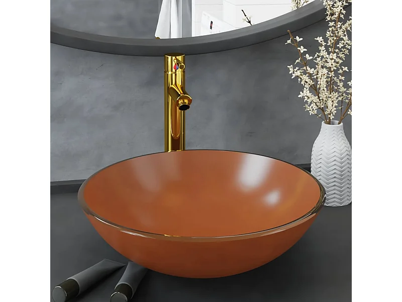 Wastafel met kraan en pop-up afvoer gehard glas bruin BE268473