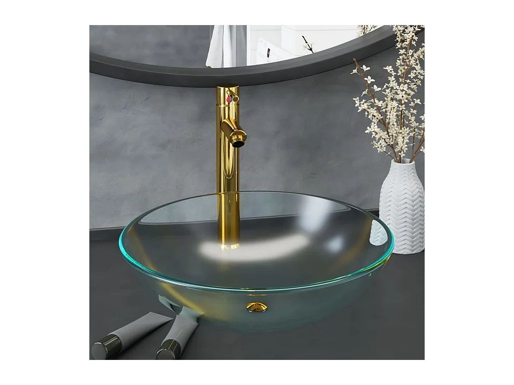 Lavabo con grifo y tapón pulsador cristal templado esmerilado ES556722