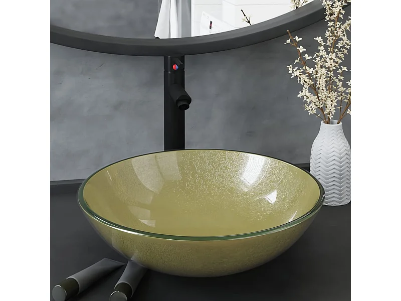 Lavabo grifo tapón pulsador cristal templado dorado ES859069