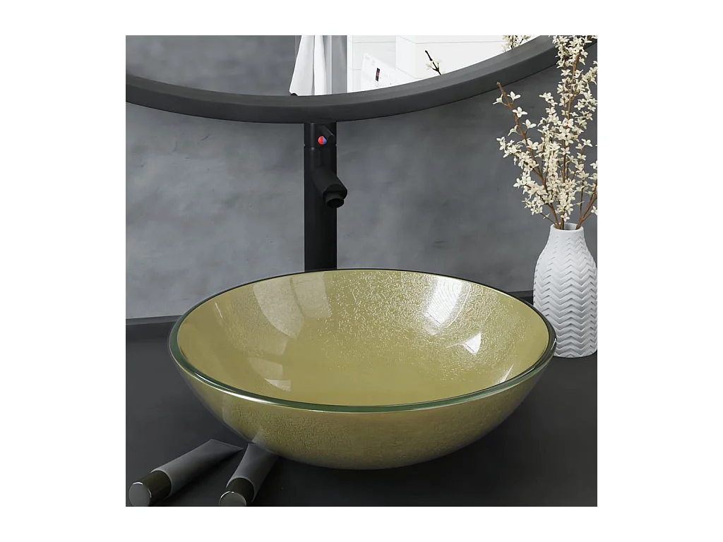 Vasque de bain avec robinet et drain à poussoir Verre trempé FR470109