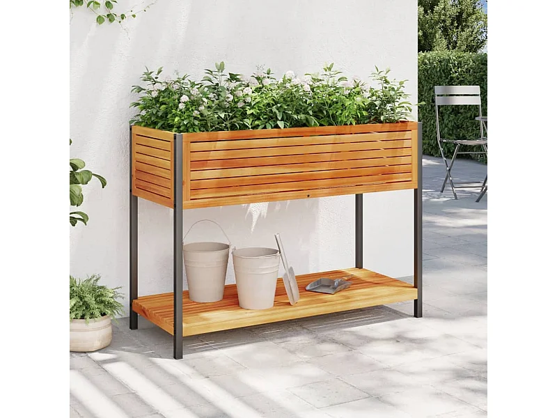 Plantenbak met schap 110x45x80 cm massief acaciahout en staal BE598613