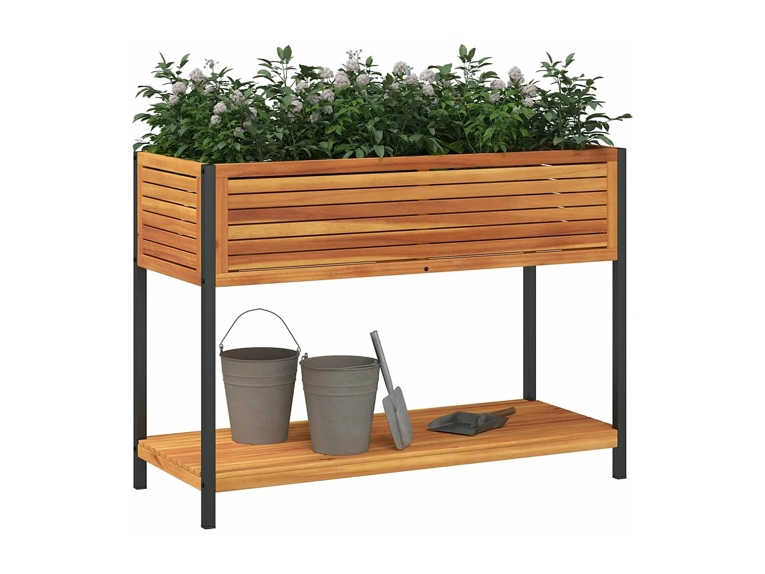 Plantenbak met schap 110x45x80 cm massief acaciahout en staal BE598613