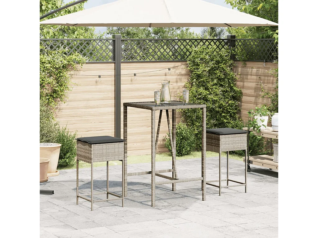 Bancos de bar p/ jardim com almofadões 2pcs vime PE cinza-claro PT456103