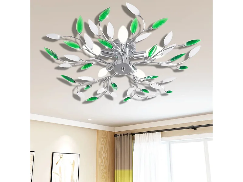Lâmpada teto com folhas de acrílico e cristal, verde e branco 5 x E14 PT444276