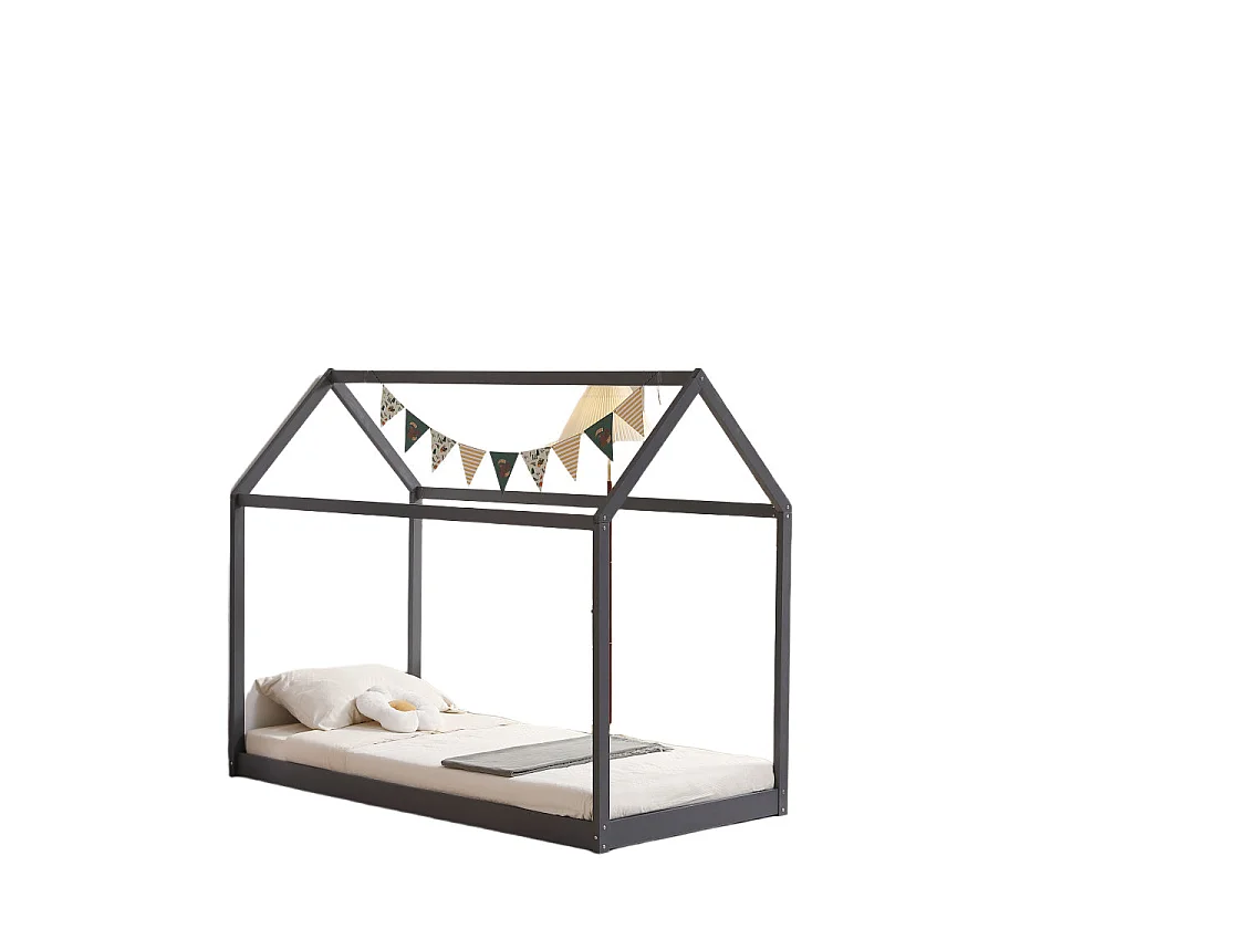 Lit cabane enfant 90x190 cm pin massif sommier à lattes inclus ROBINSON – Gris