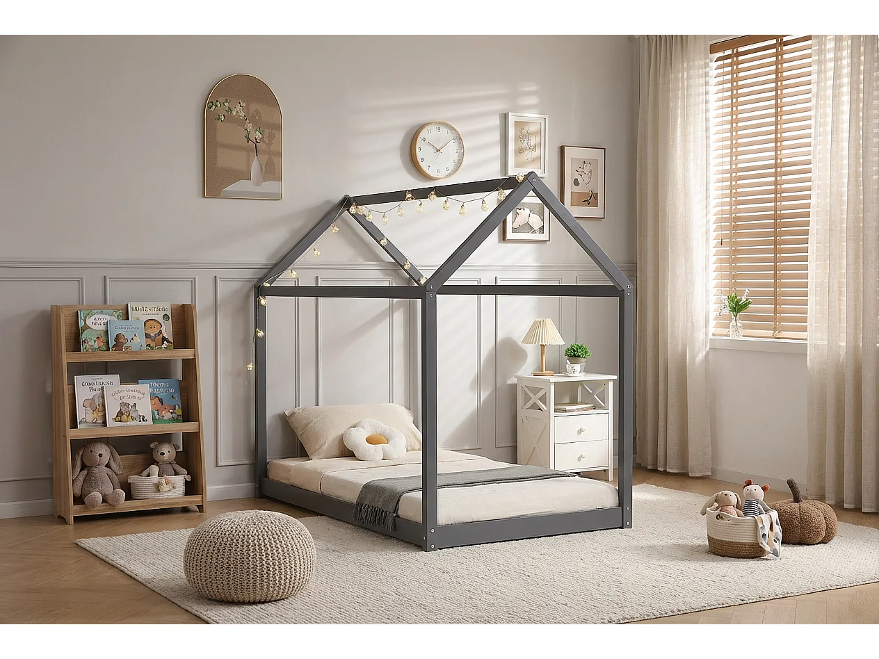 Lit cabane enfant 90x190 cm pin massif sommier à lattes inclus ROBINSON – Gris