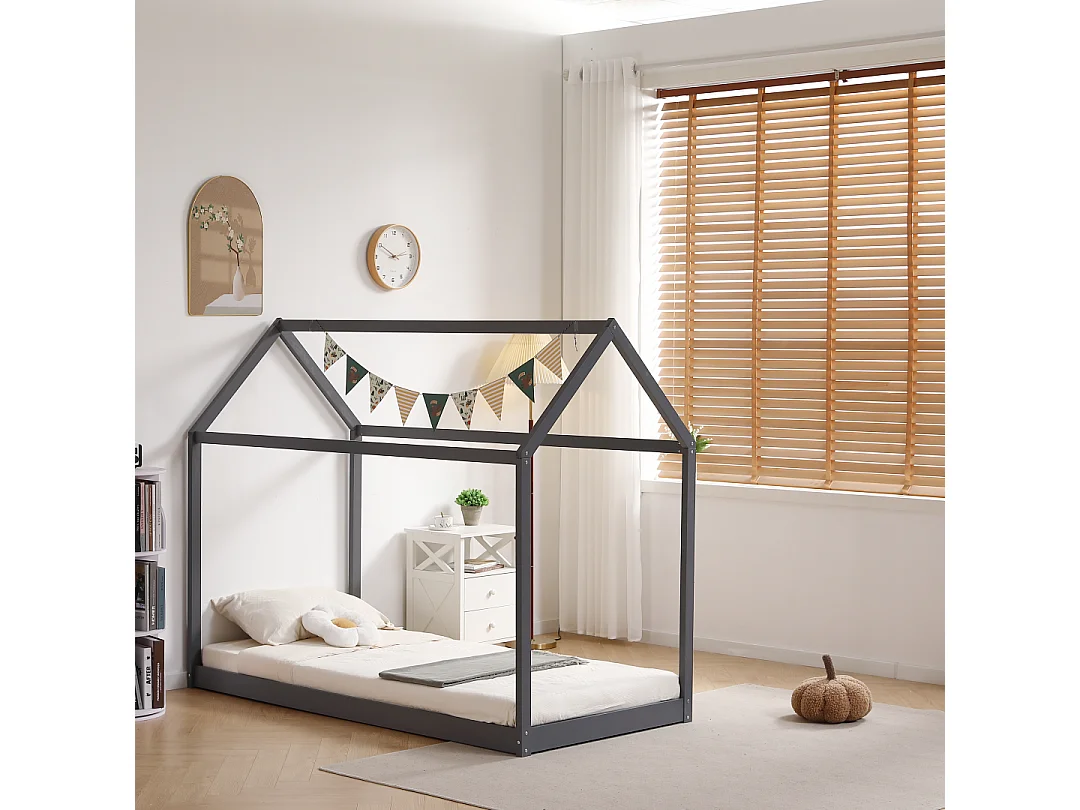 Lit cabane enfant 90x190 cm pin massif sommier à lattes inclus ROBINSON – Gris
