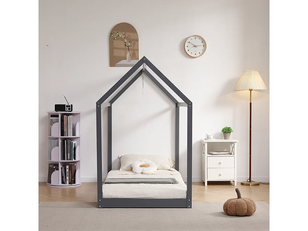 Lit cabane enfant 90x190 cm pin massif sommier à lattes inclus ROBINSON – Gris