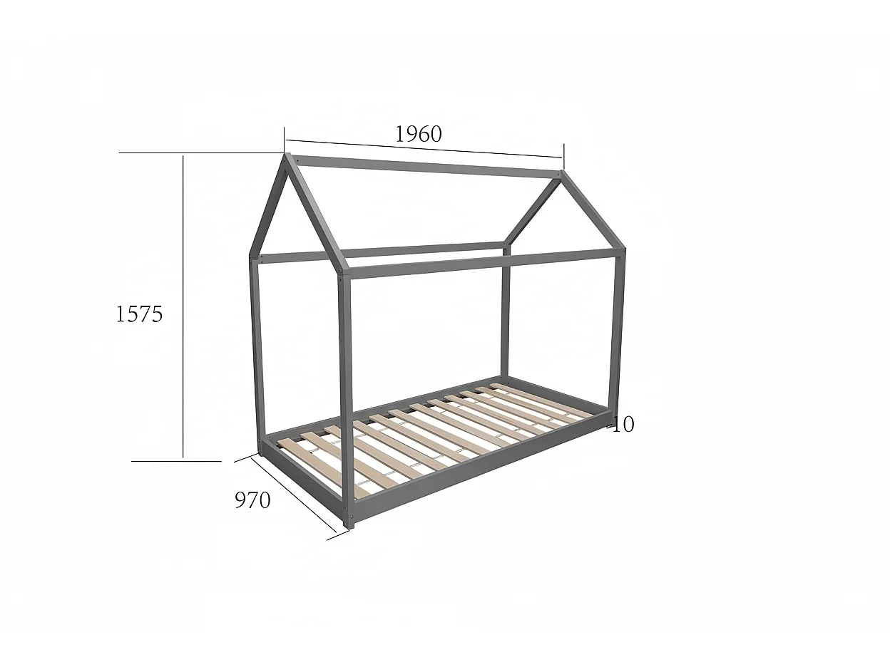 Lit cabane enfant 90x190 cm pin massif sommier à lattes inclus ROBINSON – Gris