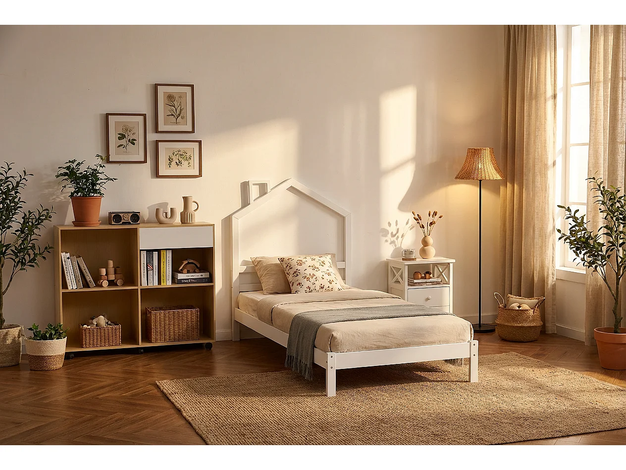 Lit enfant cabane métal blanc 90x190 cm avec sommier MONTEIRO