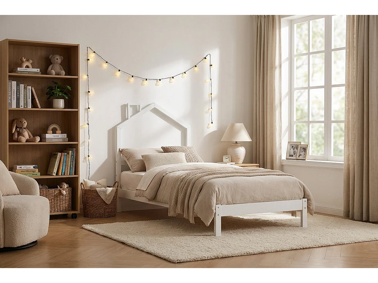 Lit enfant cabane en pin massif blanc 90x190 cm avec sommier MONTEIRO
