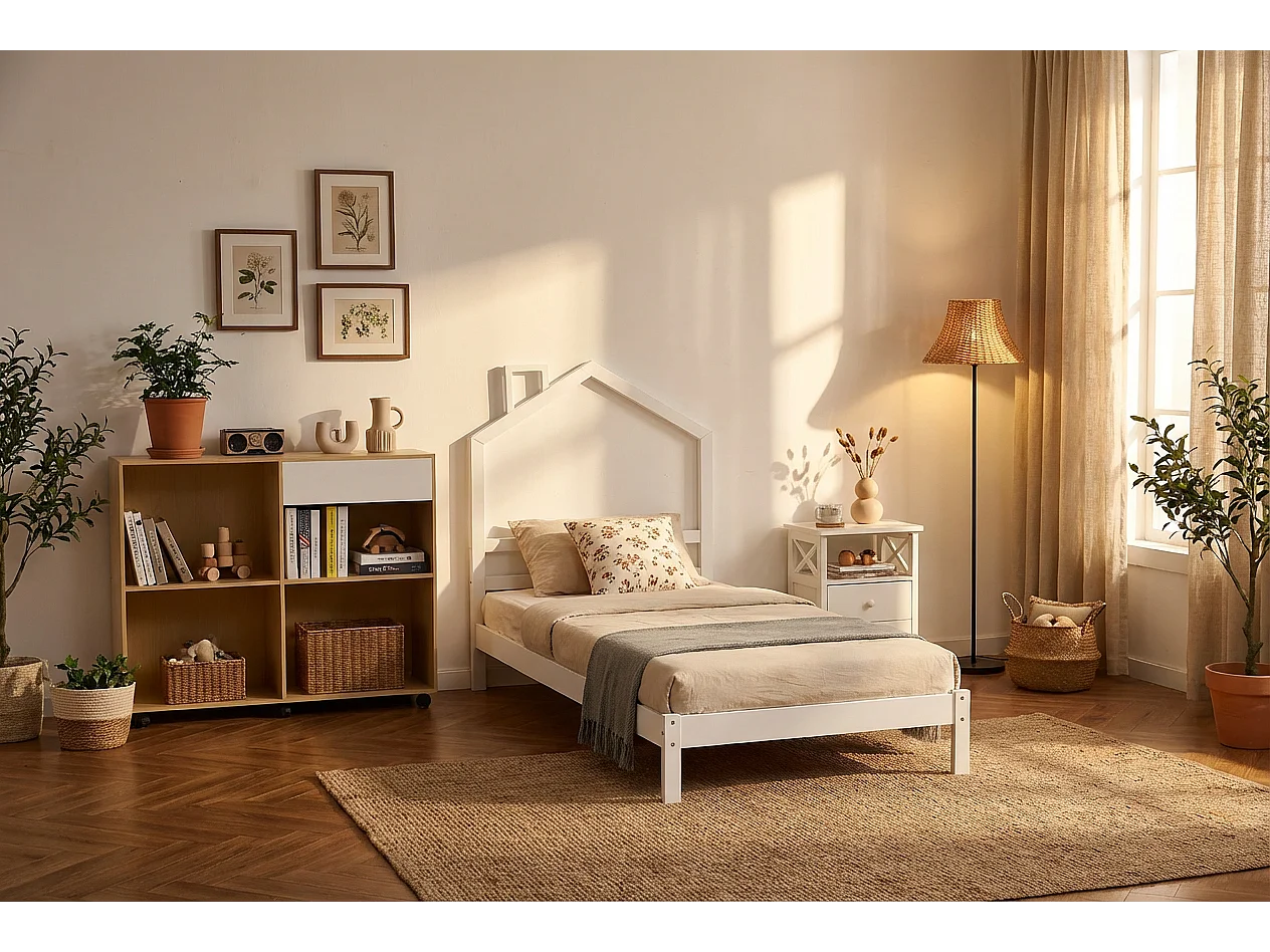 Lit enfant cabane métal blanc 90x190 cm avec sommier MONTEIRO