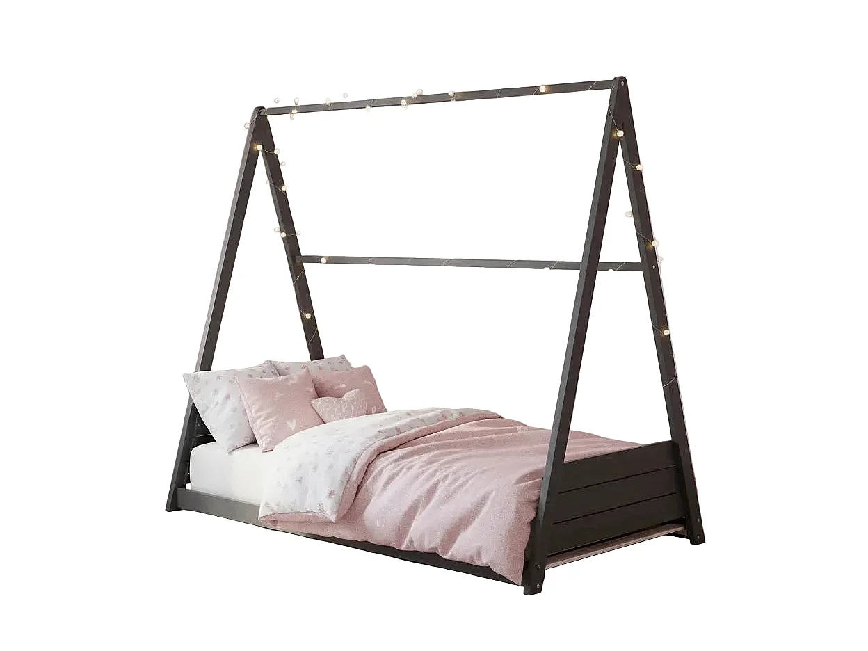 Lit cabane Montessori enfant 90x190 cm pin massif sommier inclus TIPI – Gris