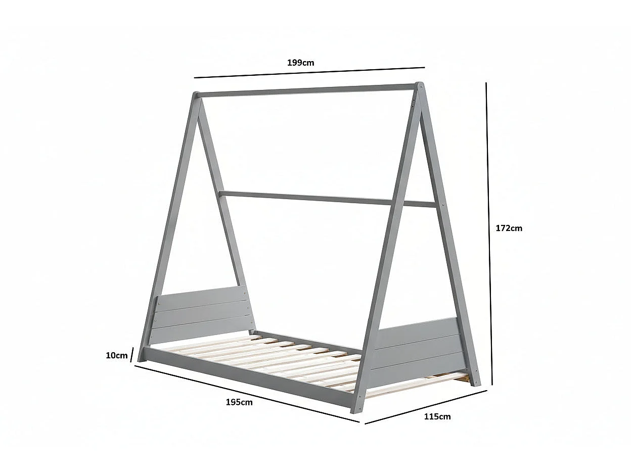 Lit cabane Montessori enfant 90x190 cm pin massif sommier inclus TIPI – Gris