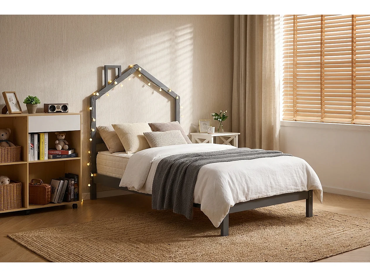 Lit enfant cabane en pin massif gris 90x190 cm avec sommier MONTEIRO