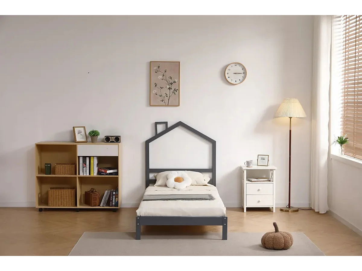 Lit enfant cabane en pin massif gris 90x190 cm avec sommier MONTEIRO