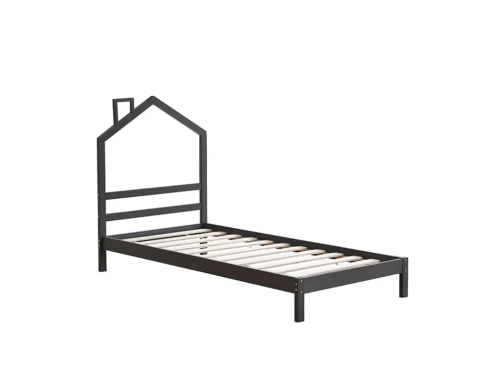 Lit enfant cabane en pin massif gris 90x190 cm avec sommier MONTEIRO