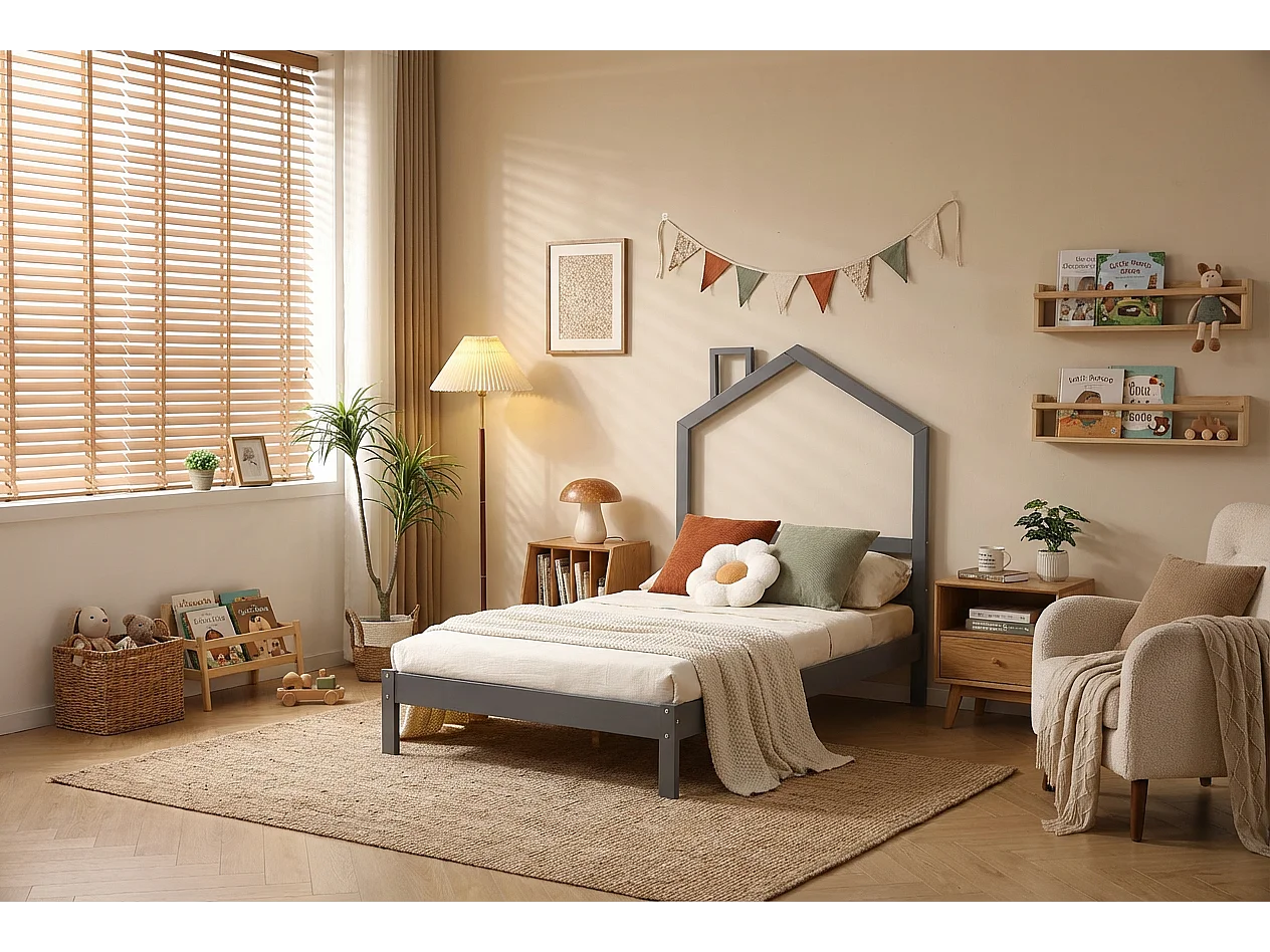 Lit enfant cabane métal gris 90x190 cm avec sommier MONTEIRO