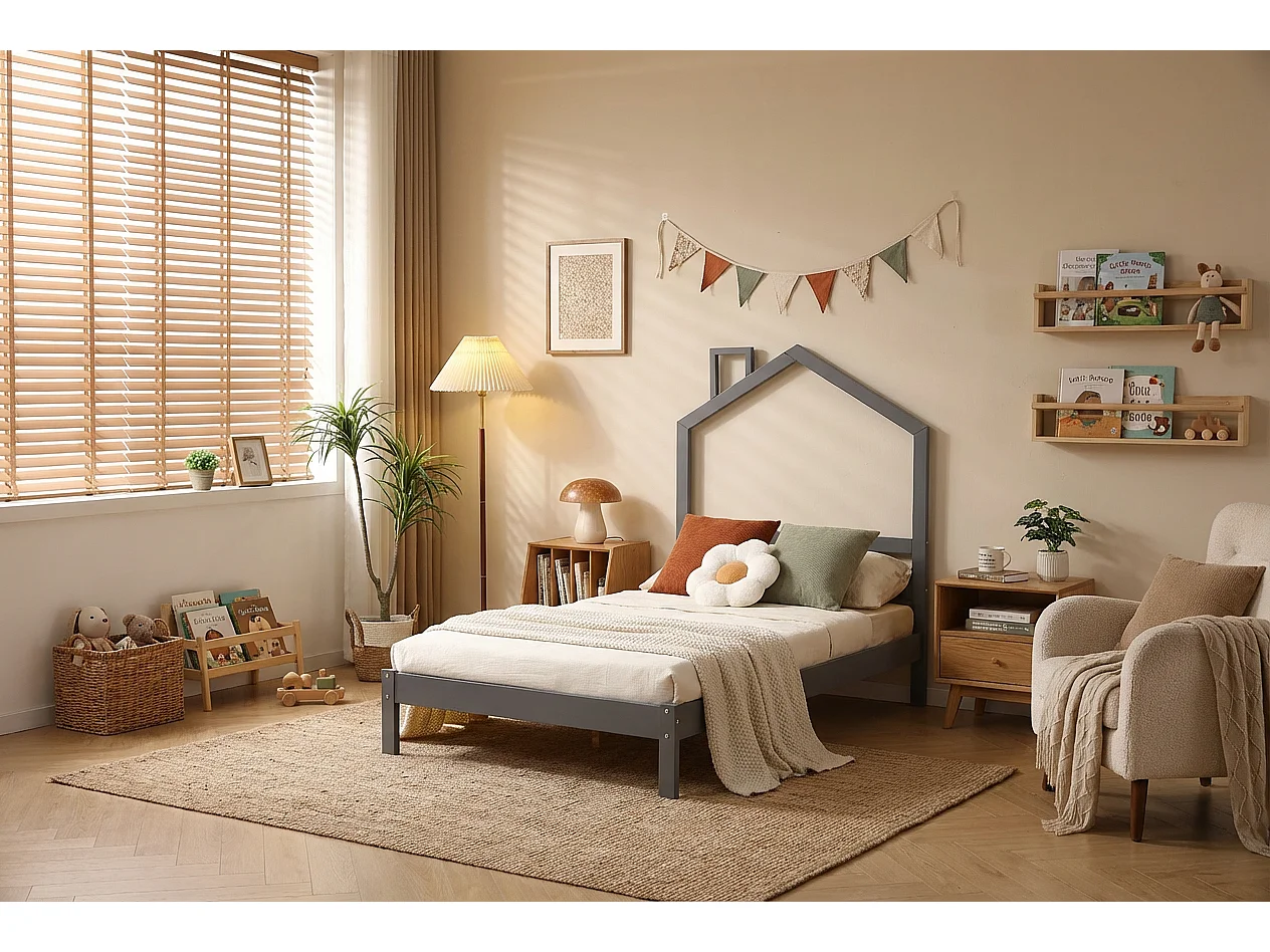 Lit enfant cabane en pin massif gris 90x190 cm avec sommier MONTEIRO