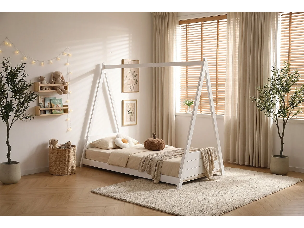 Lit enfant tipi bois blanc 90x190 cm avec sommier TIPI