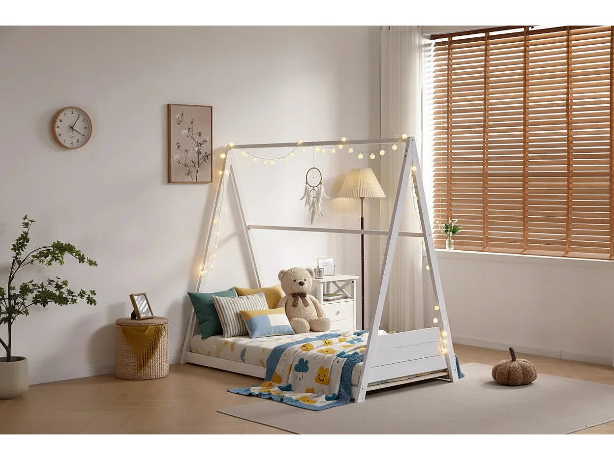 Lit enfant tipi bois blanc 90x190 cm avec sommier TIPI