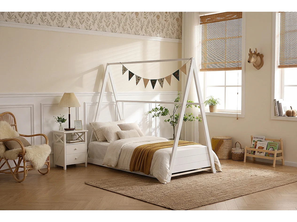 Lit enfant tipi bois blanc 90x190 cm avec sommier TIPI