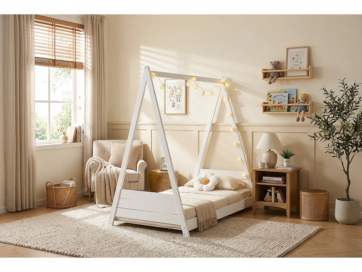 Lit enfant tipi bois blanc 90x190 cm avec sommier TIPI