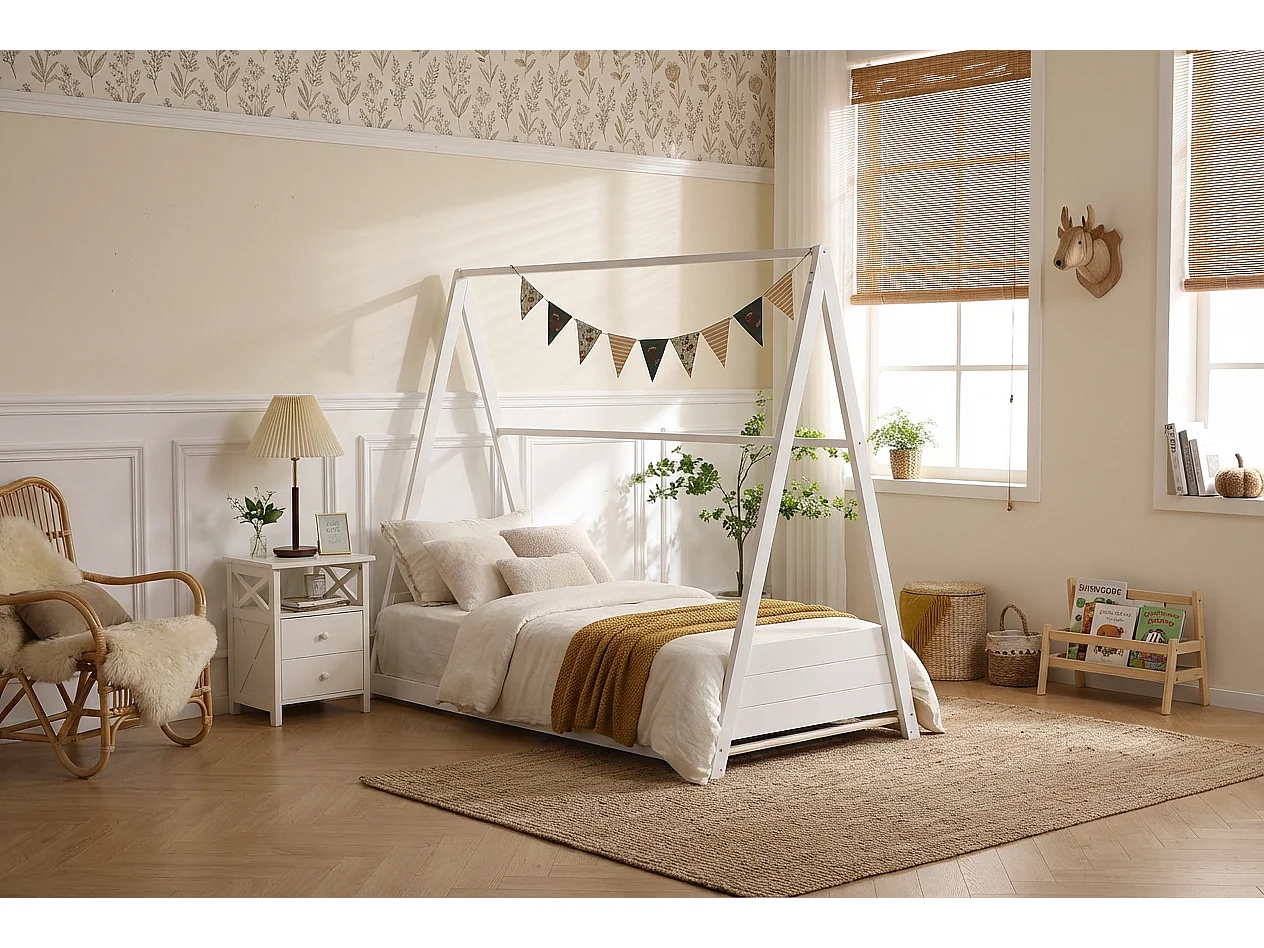 Lit enfant tipi bois blanc 90x190 cm avec sommier TIPI