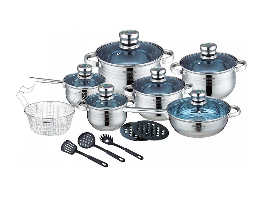 Royalty Line RL-1801B : Batterie de cuisine 18 pièces en acier inoxydable avec couvercle en verre
