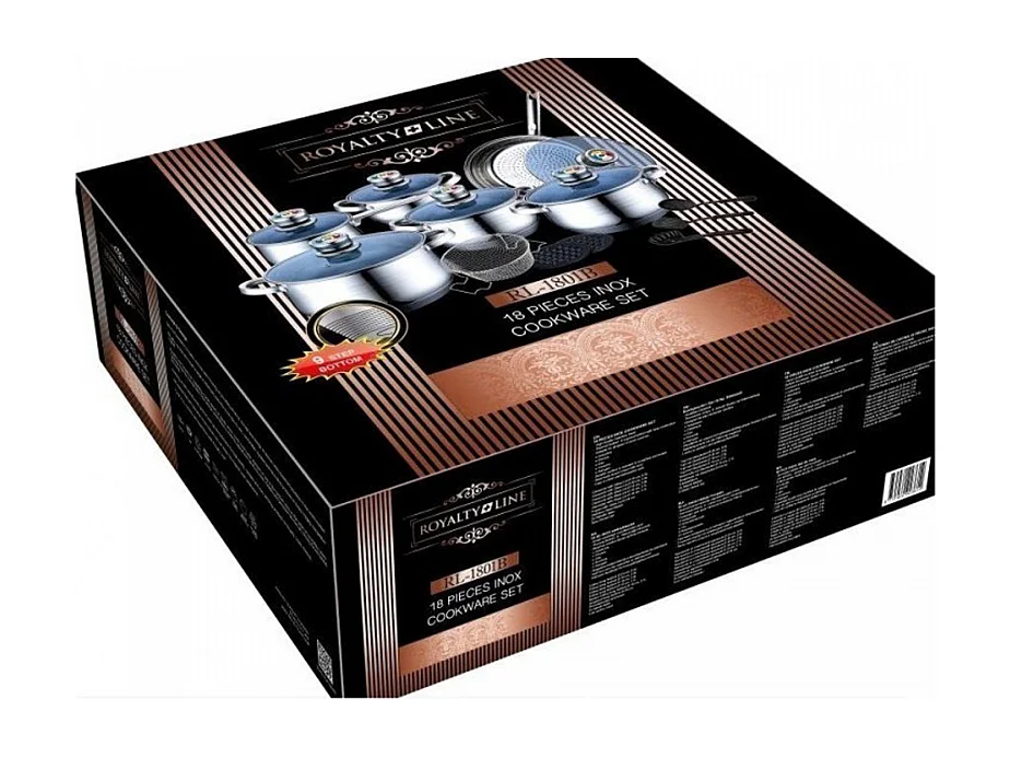 Royalty Line RL-1801B : Batterie de cuisine 18 pièces en acier inoxydable avec couvercle en verre