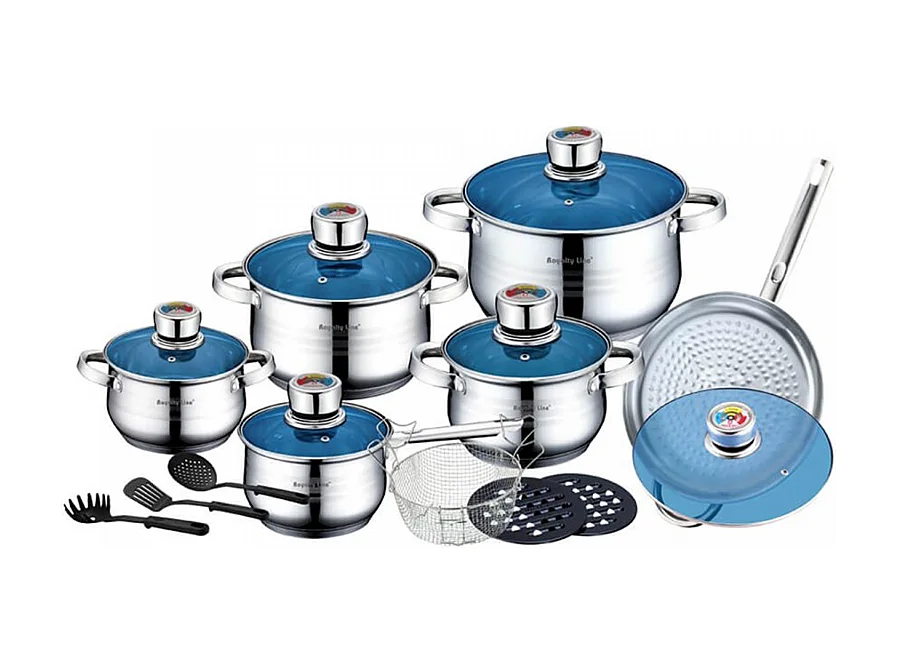 Royalty Line RL-1801B : Batterie de cuisine 18 pièces en acier inoxydable avec couvercle en verre