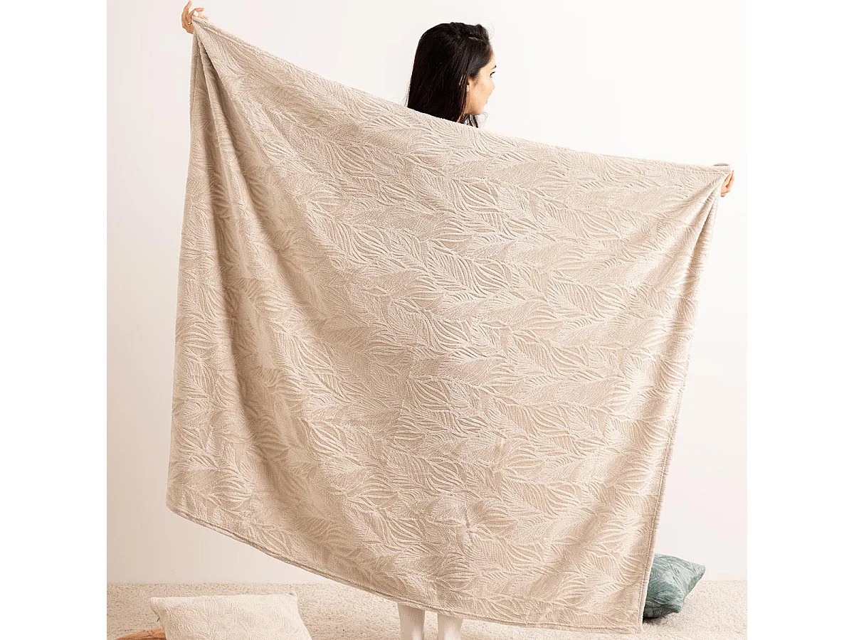 Plaid flanelle Beige lin motif en relief 180 x 230 cm