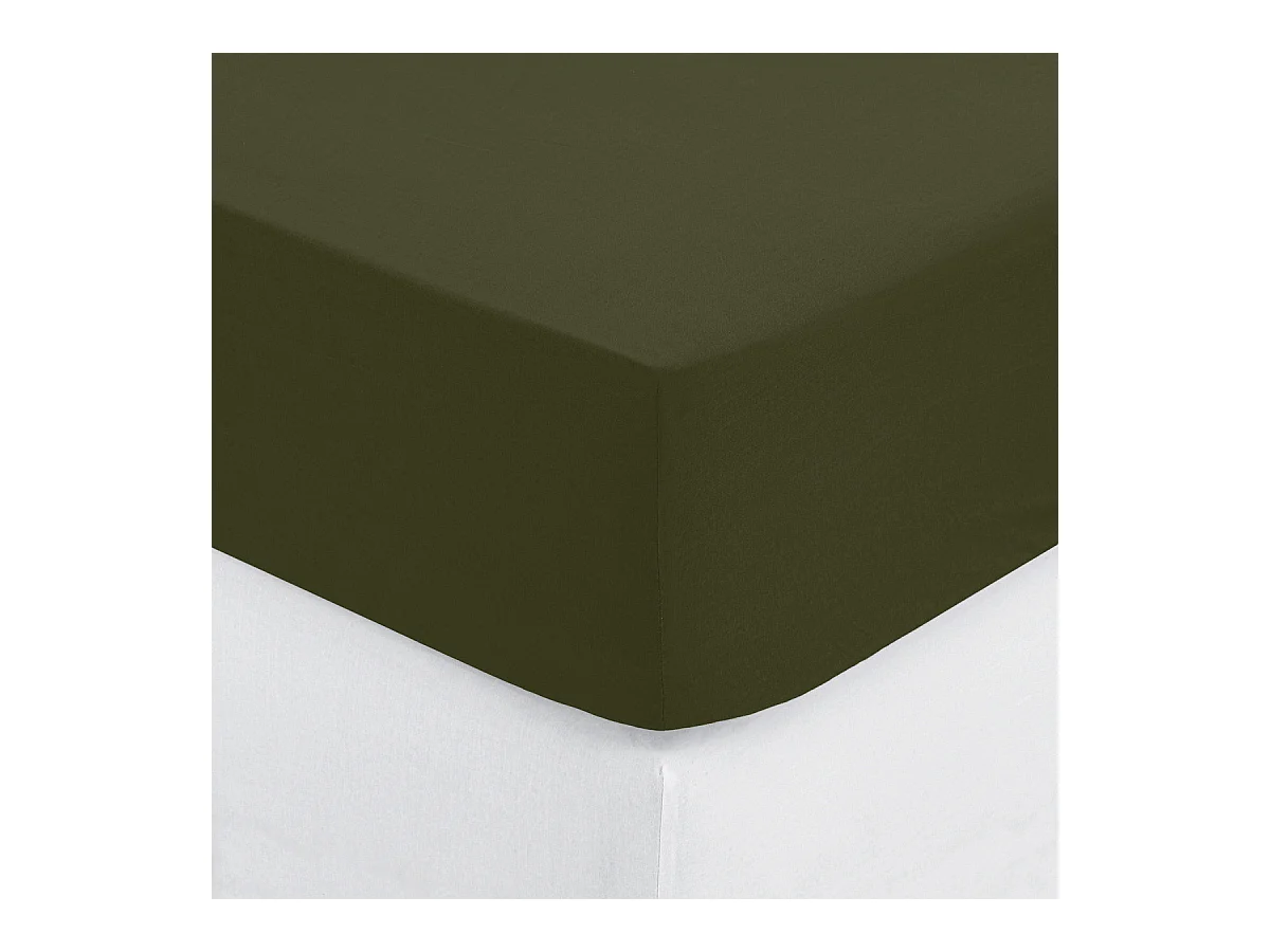 Drap housse 2 Personnes en Coton Vert Kaki 160 x 200 cm