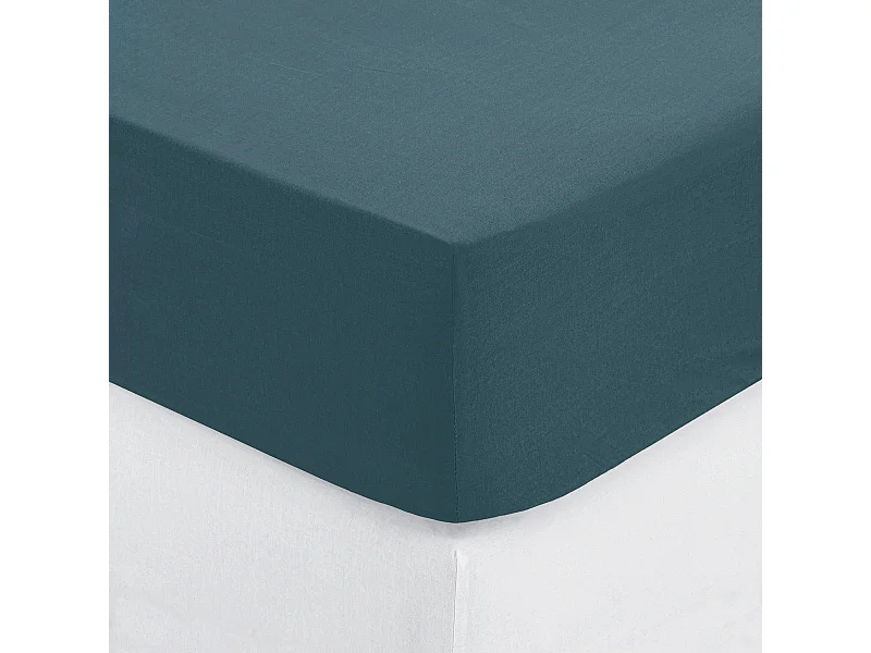 Drap housse 2 Personnes en Coton Bleu Orage 160 x 200 cm