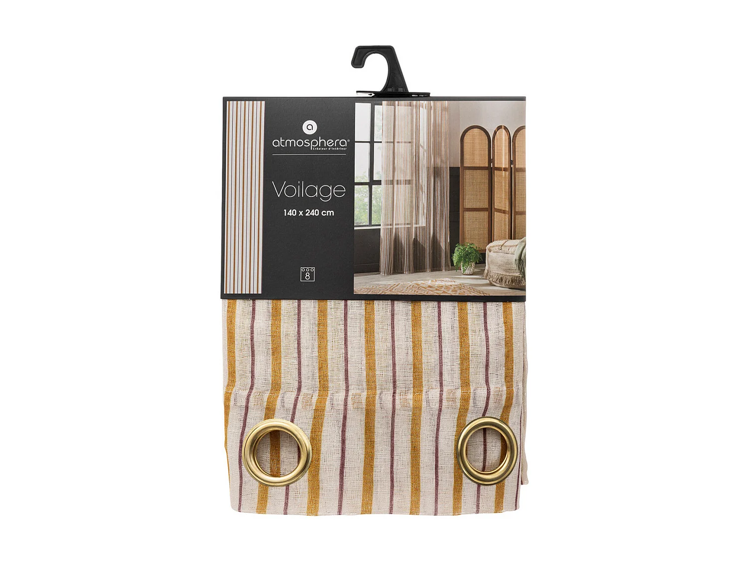 Voilage à œillets Cannelle et Violet aspect Lin avec rayures 140 x 240 cm