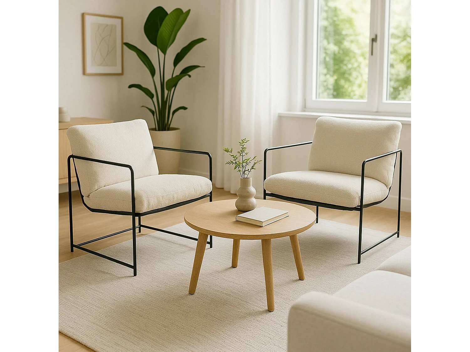 Ensemble de 2 Dabdelat, Fauteuil recouvert de tissu bouclé, Chaise rembourrée, Assise avec accoudoirs en métal, 61x67h75 cm, Beige