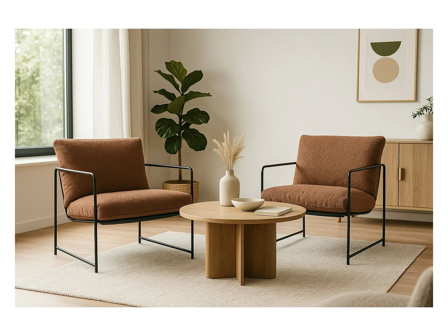 Satz mit 2 Sesseln Dabdelat, Sessel mit Bouclé-Stoff bezogen, gepolsterter Stuhl, Sitz mit Metallarmlehnen, 61x67h75 cm, Braun